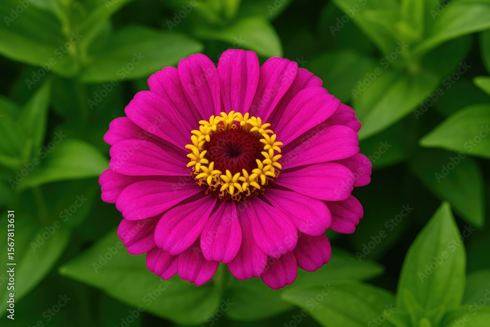 Fototapeta premium A lively pink blossom featuring a yellow and maroon core, encircled by lush green foliage