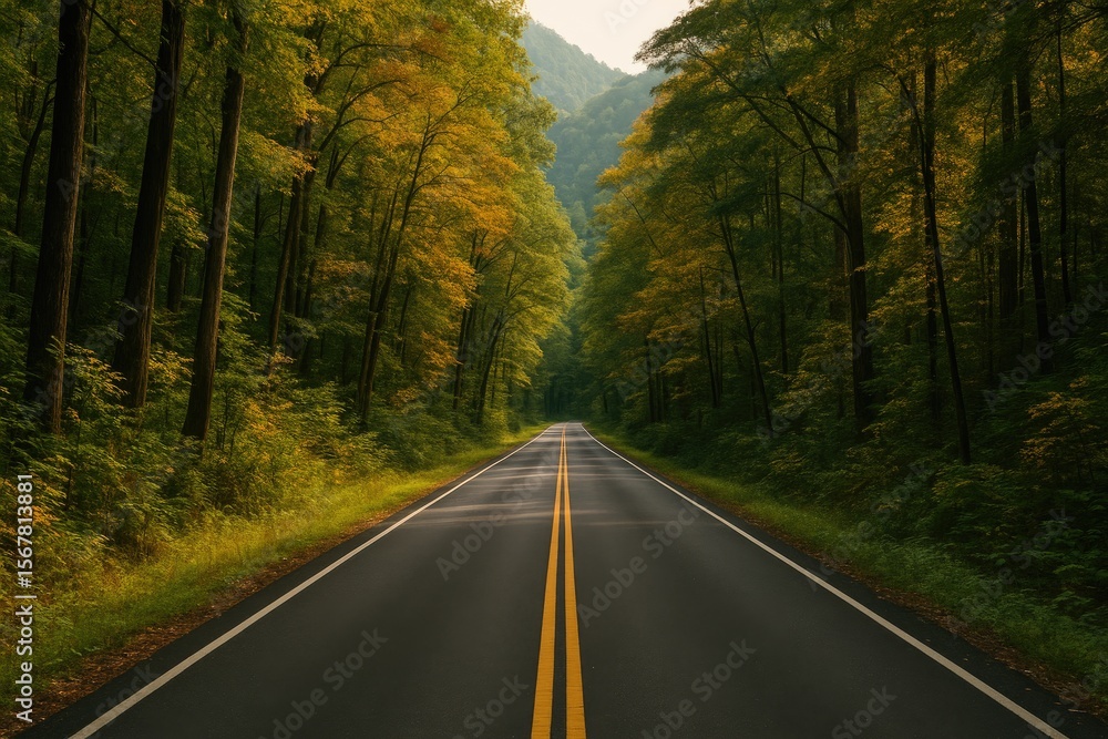 Fototapeta premium Mountain trail surrounded by dense forest with an asphalt pathway for outdoor exploration