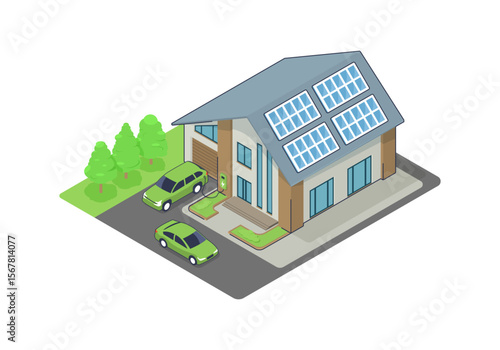 Eco House with Electric Cars and Solar Panels – Isometric Illustration