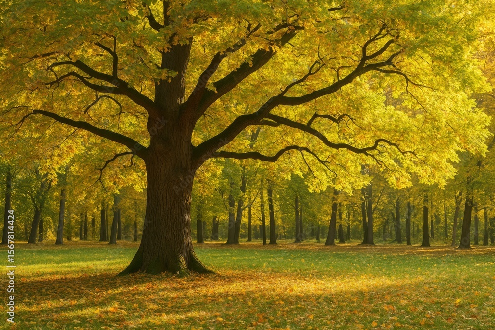 Naklejka premium Majestic deciduous tree during fall in a serene park setting