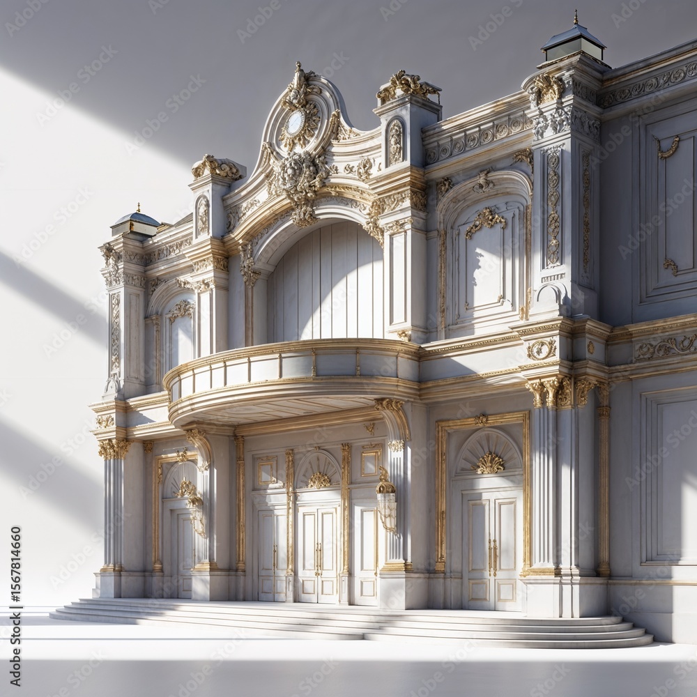 Obraz premium facade of the old cinema architecture building exterior opera theater house sky historic art design ancient stone gold white background close-up