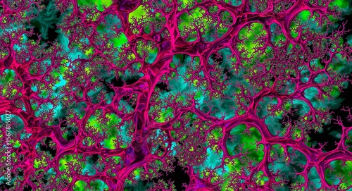 Abstract fractal design with pink branches and green and blue background elements in a complex pattern