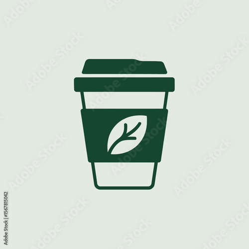 Dark Green Icon of a Disposable Coffee Cup with a Leaf Design on the Sleeve Against a Light Gray Background Simple Minimalist Graphic Design Element for Branding or Menu Design