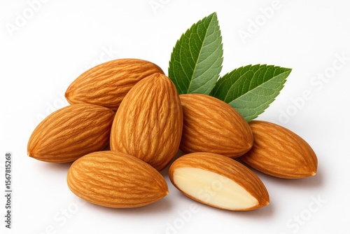 Close-up of almonds with foliage on a plain white backdrop showcasing high clarity