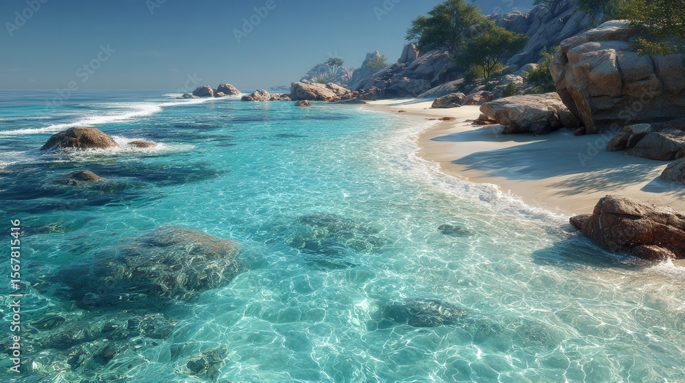 Fototapeta premium Serene Tropical Beach with Crystal Clear Water and Rocky Shoreline