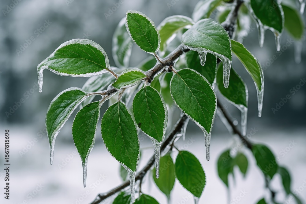 Obraz premium Ice-encrusted leaves of a majestic apple tree