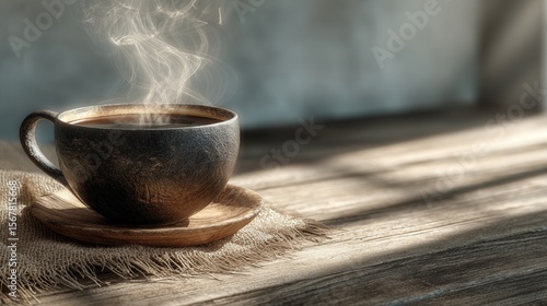 Wallpaper Mural Warm Cup of Coffee on Wooden Table with Steam Rising in Morning Light Torontodigital.ca