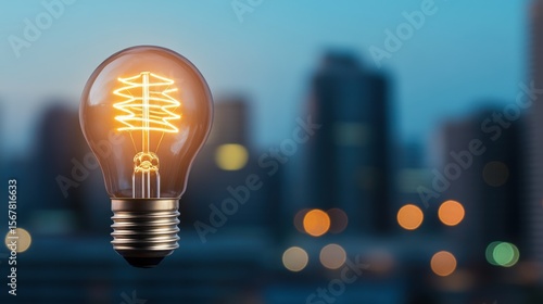 Vintage Light Bulb with Neon Glow Against City Skyline at Dusk