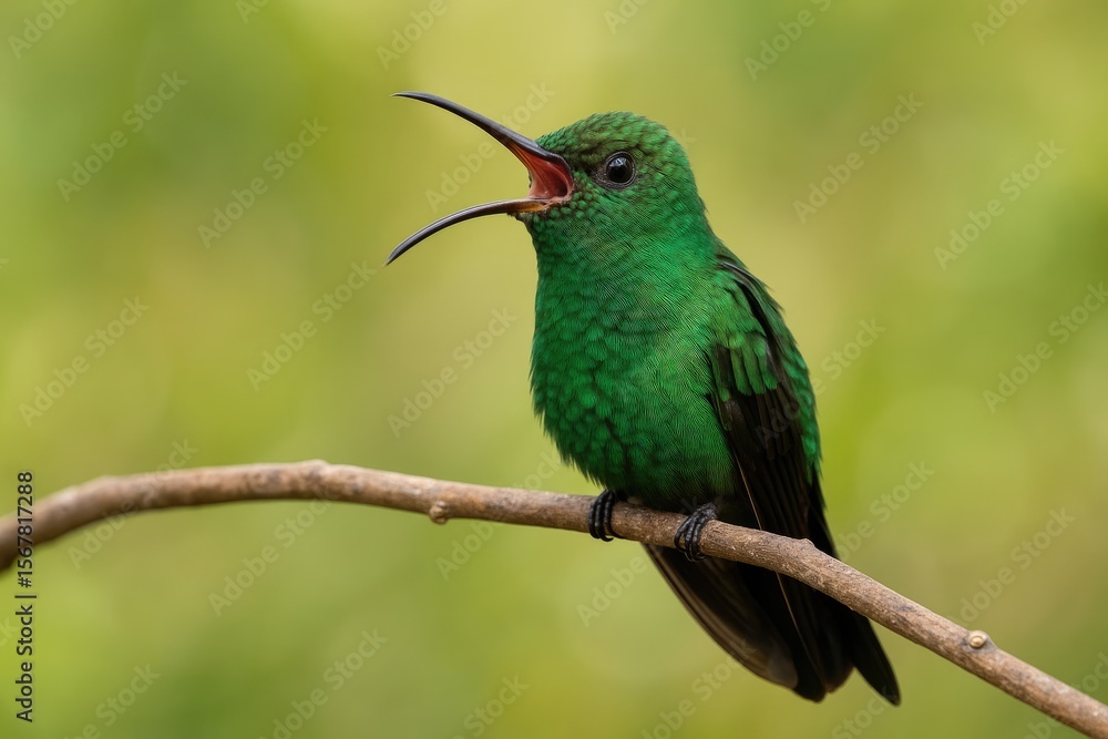 Obraz premium A tiny green hummingbird emitting a loud call