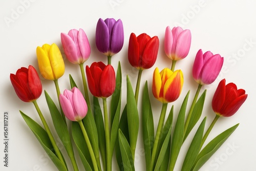Vibrant and colorful tulip blossoms displayed against a plain white backdrop