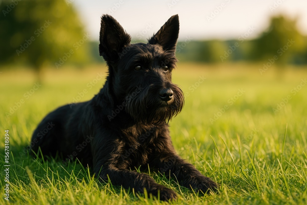 Cute small black terrier enjoying leisure time on a lush green meadow Cute small black terrier enjoying leisure time on a lush green meadow