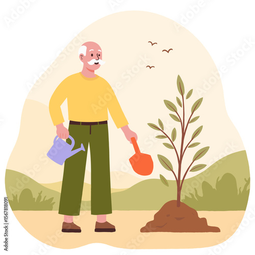 Elderly man planting tree. Retired senior gardening and planting sapling. Older man contributing to nature with tree. Green lifestyle for elderly through planting. Elderly set