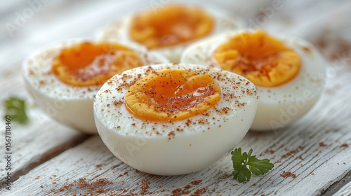 boiled egg isolated on white wood 