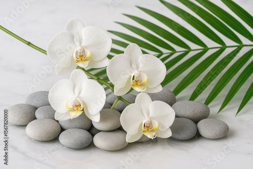 Elegant orchid branch resting on pebbles with a palm leaf