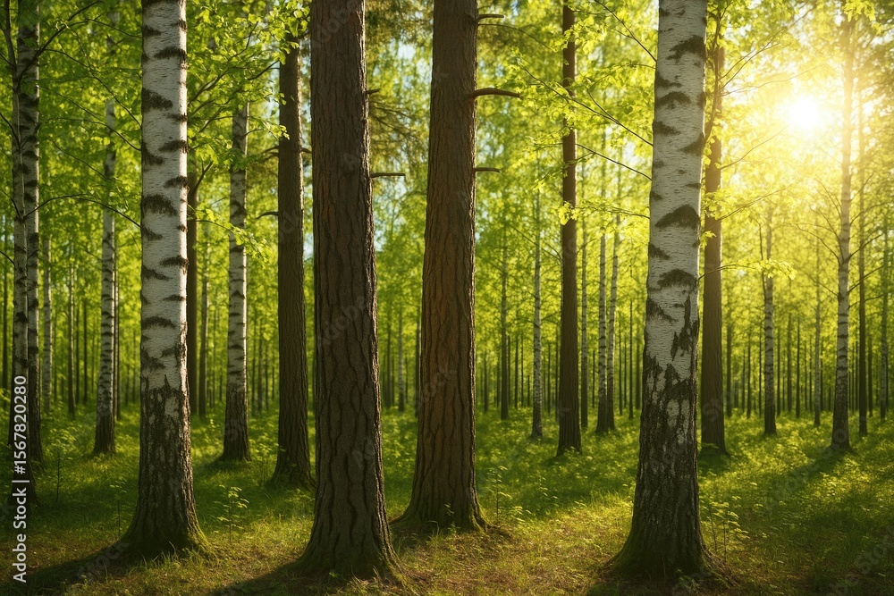Fototapeta premium Vivid scene of fresh green foliage under bright sunlight in a lush forest setting. Close-up of tree bark, showcasing nature's beauty during spring and early summer. Eco-friendly outdoor activities