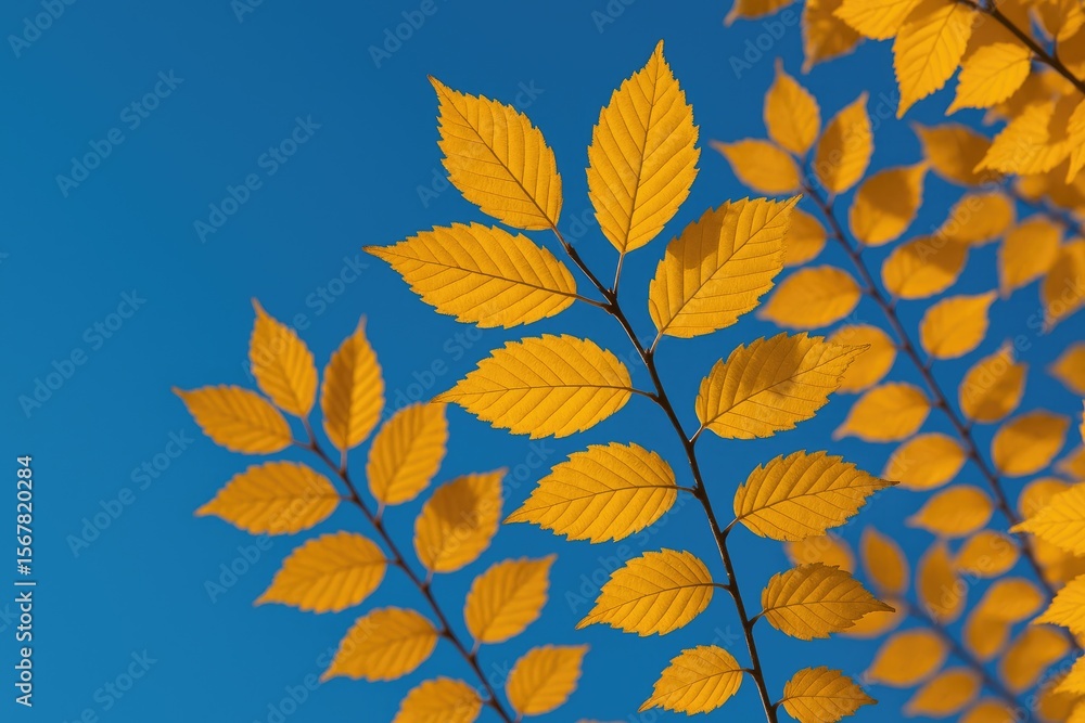 Naklejka premium Vibrant fall foliage with golden leaves set against a clear blue sky