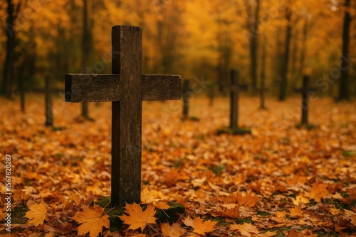 Fallen leaves and crosses in deserted graveyards