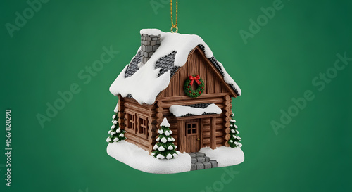 Snowy Log Cabin Ornament with Holiday Wreath on Green Background