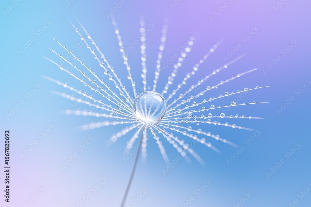 Obraz premium Close-up of dew-covered dandelion seed with pastel blue and violet hues, featuring soft lighting and a blurred background for ample space