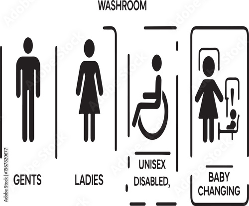 Washroom signage displaying gents ladies unisex disabled and baby changing facilities in black and white