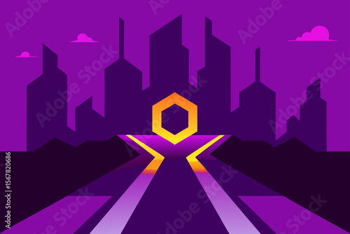 hexagon lit speed track in glowing purple city rui