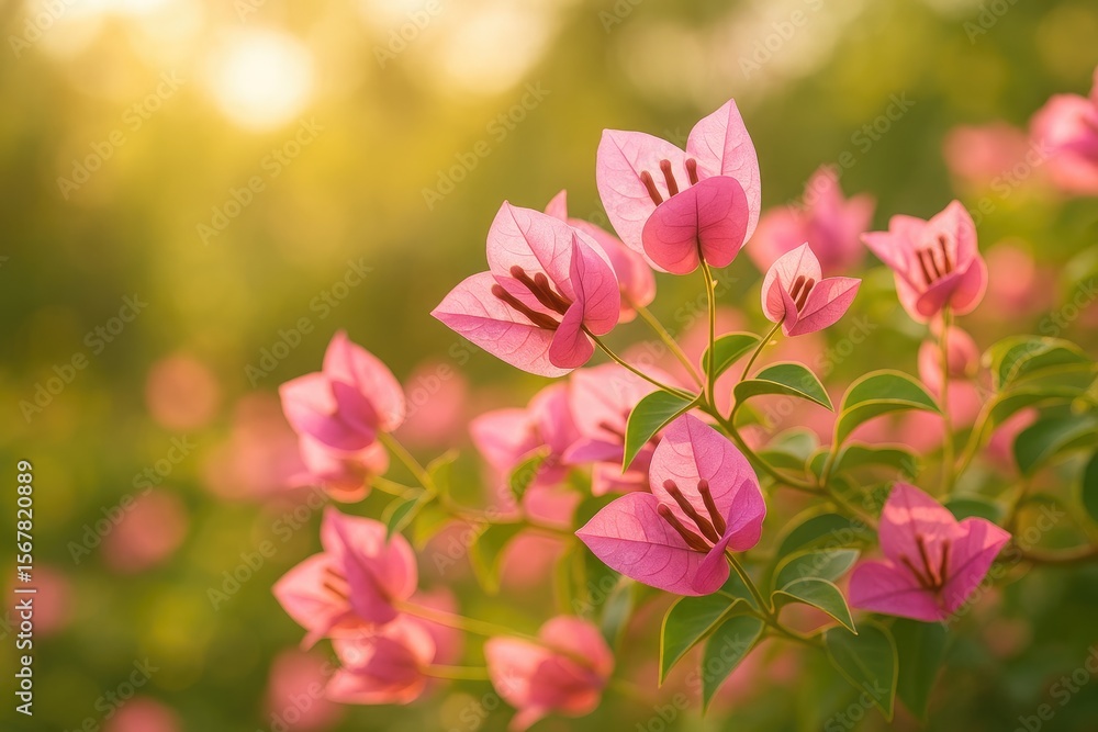 Obraz premium Stunning pink bougainvillea blooming in the early sunlight