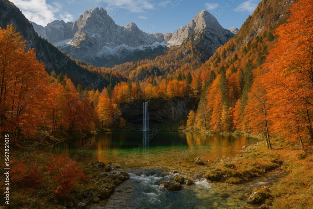 Naklejka premium Fall Season in a Mountain Valley Featuring Lakes and Streams Amidst Alpine Peaks