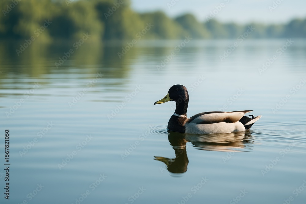 A lone bird gliding across a tranquil lake during a bright morning A lone bird gliding across a tranquil lake during a bright morning