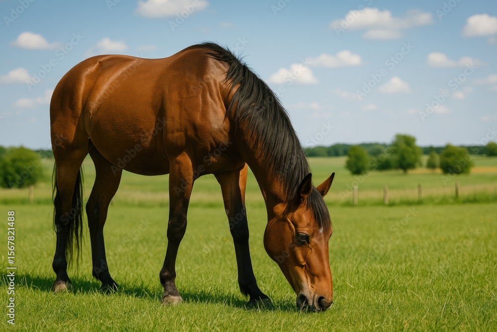 Fototapeta premium Elegant steed peacefully grazing on a rural farmstead