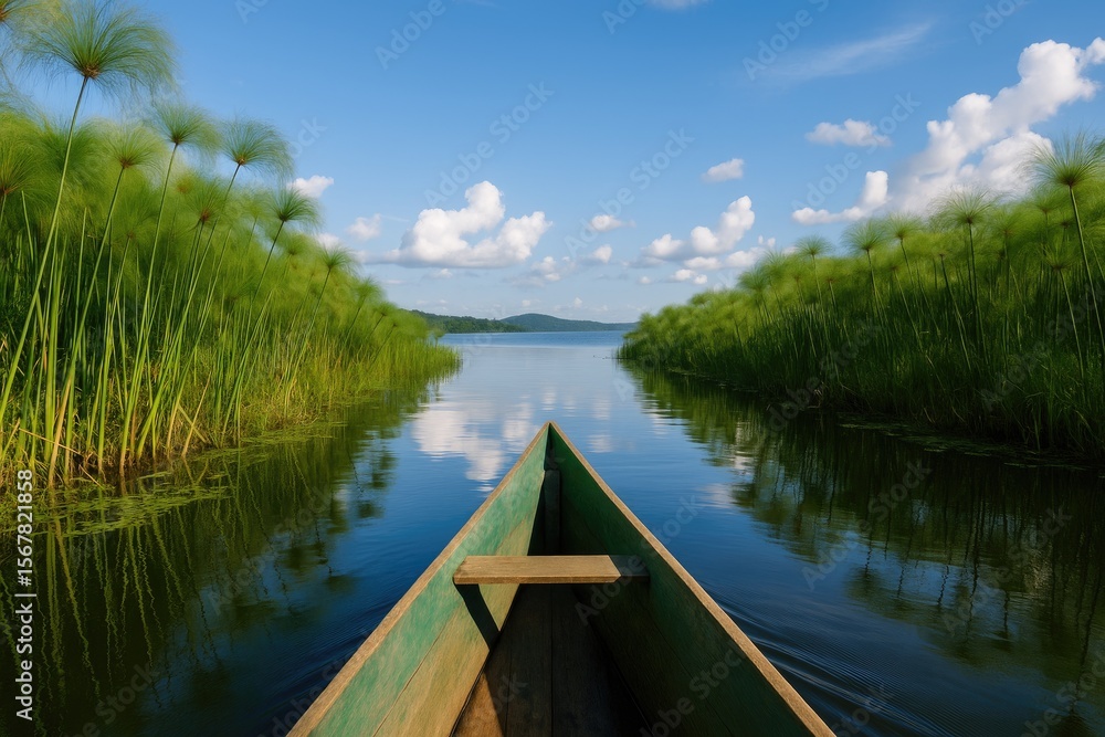 Obraz premium Serene Scene of a Canoe Gliding Along a River in a Rural Area