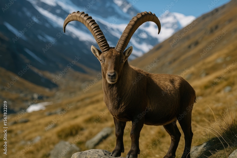 Wild Alpine Ibex adult in its natural mountain environment at a protected reserve in the Italian Alps Wild Alpine Ibex adult in its natural mountain environment at a protected reserve in the Italian Alps