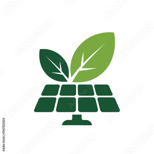 Green Leaf Icon atop Dark Green Solar Panel Graphic Illustration Renewable Energy Sustainable Power Clean Energy Eco Friendly Symbol