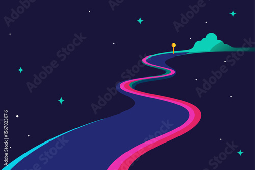  winding neon road along space cliff with stars