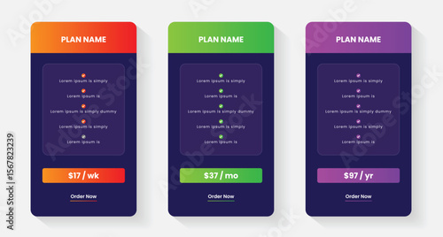 Pricing plans table, pricing chart, price list for web or app. Ui UX pricing design tables with tariffs. Product comparison business web plans. Subscription features checklist and business plans.