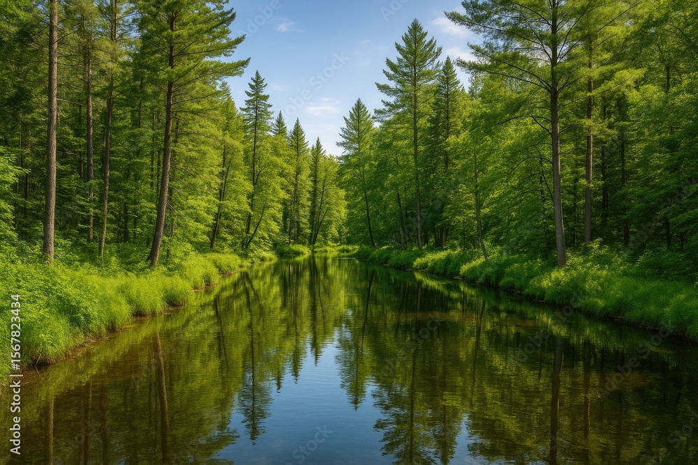 Serene woodland landscape with trees mirrored in a tranquil creek Serene woodland landscape with trees mirrored in a tranquil creek