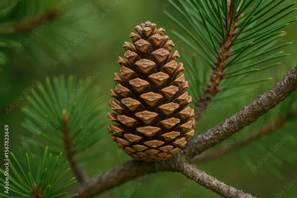 Obraz premium Close-up of a pinecone on a branch highlighting detailed scales and textures