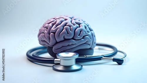 A brain with stethoscope isolated on white background, neuro care concepts