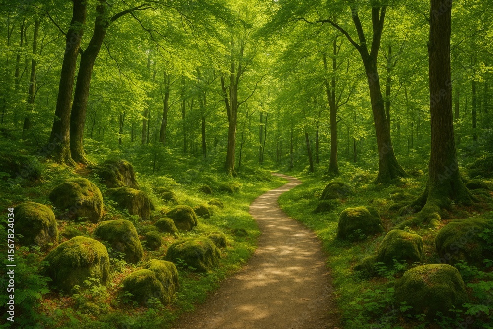 Obraz premium A lush woodland scene featuring a trail, verdant moss-covered stones, and ancient trees during summer