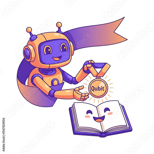 Robot Awarding 'Qubit' Medal to a Smiling Book, Cartoon Illustration