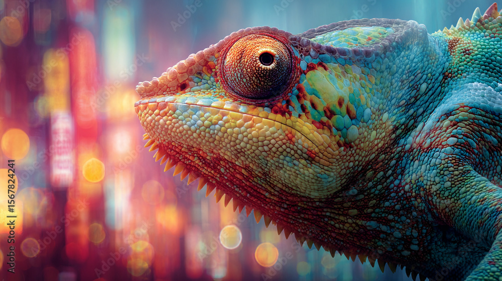 Obraz premium Colorful chameleon close up with detailed scales and textured skin, vibrant reptile eye, and blurred city lights background creating lively mood