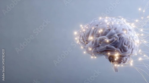 Floating brain with network light wires glowing