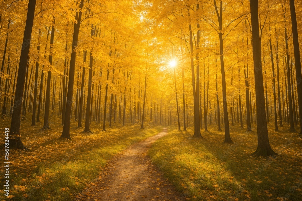 Fototapeta premium Stunning fall woodland with amber leaves and sunlight