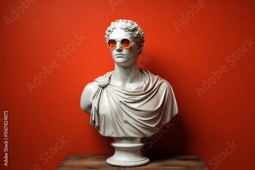 Cool Marble Statue Wearing Sunglasses on Orange Background  Modern Classical Art Concept