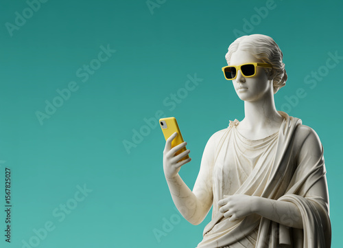 An ancient Greek sculpture of a woman sitting on a chair and holding her phone with sunglasses