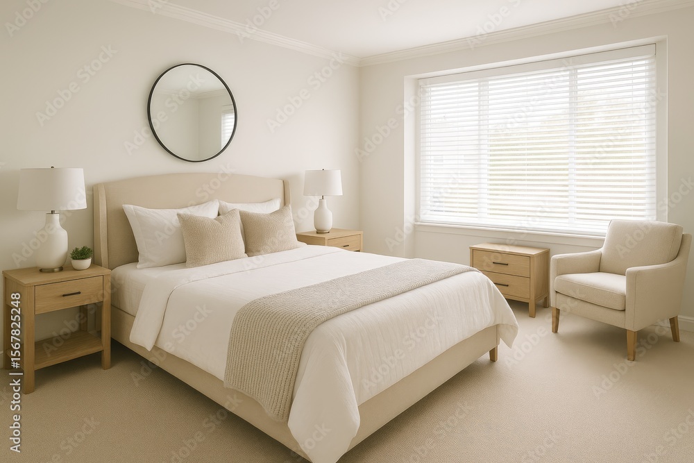 Fototapeta premium Cosy bedroom decor featuring spacious windows and sleek white blinds