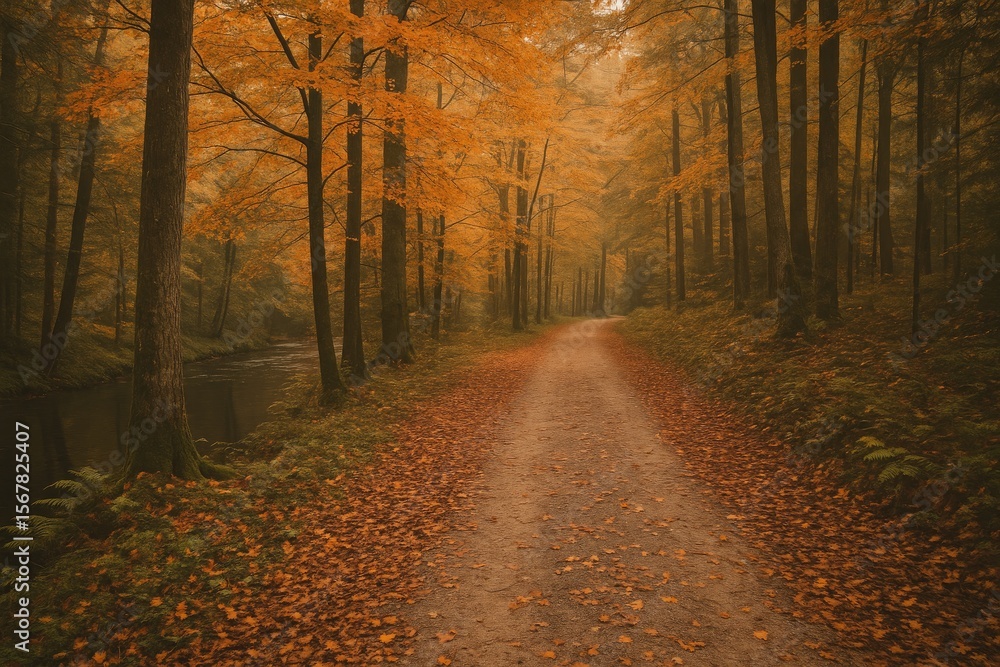 Fototapeta premium Vintage-inspired scenic hiking path amid fall foliage in rural woods