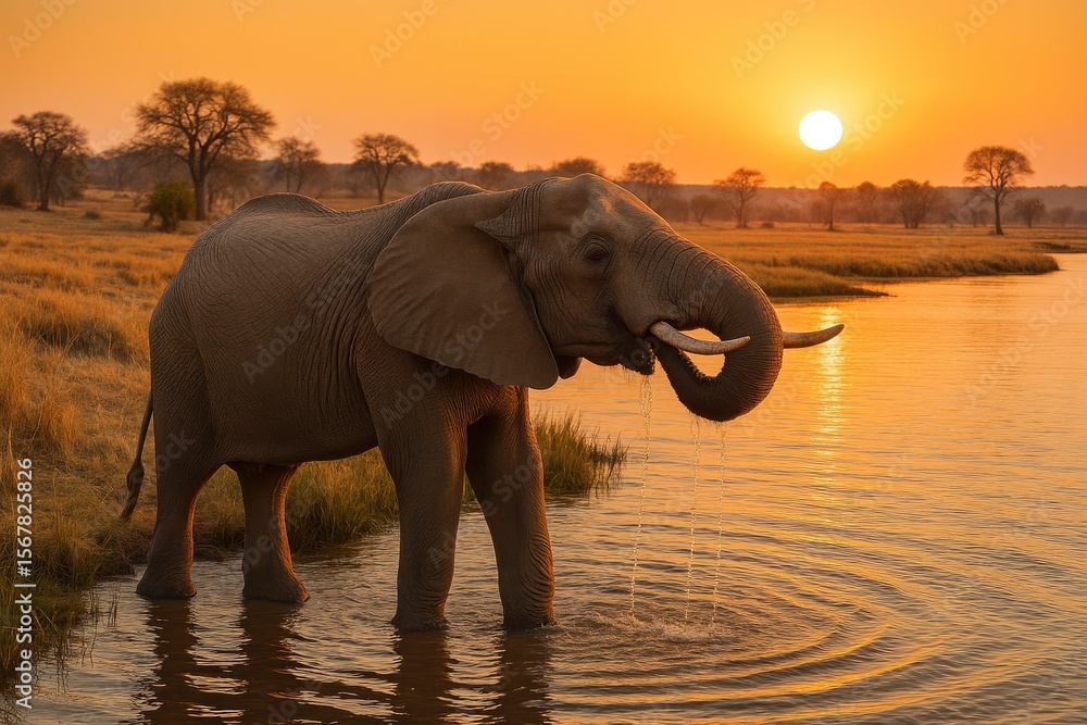 Fototapeta premium Wild African Elephant grazing along a riverbank