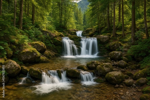 Charming miniature waterfall nestled in lush woodland