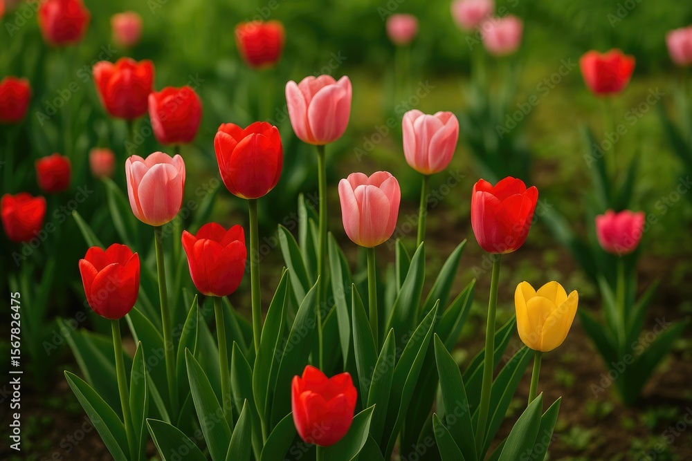Stunning collection of vibrant tulips in a lush garden scene Stunning collection of vibrant tulips in a lush garden scene