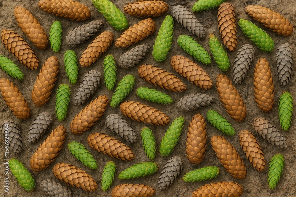 Fototapeta premium A collection of mixed pine and spruce cones on sandy woodland ground with natural forest surroundings